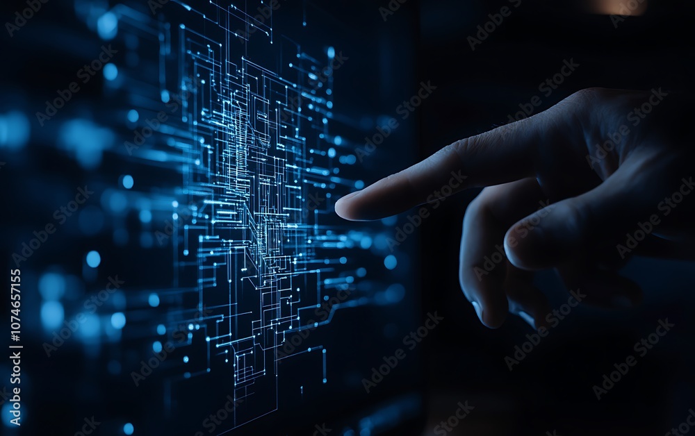 Aufkleber A hand reaches toward a glowing digital interface filled with interconnected lines and nodes, symbolizing technology and connectivity.