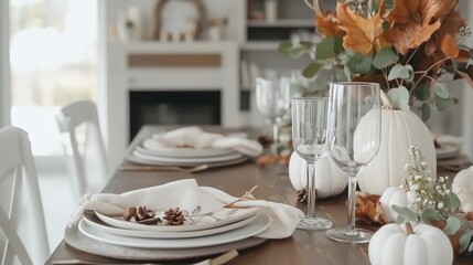 Elegant autumn dining table set with decorative pumpkins and seasonal foliage, perfect for a festive gathering in a cozy home setting