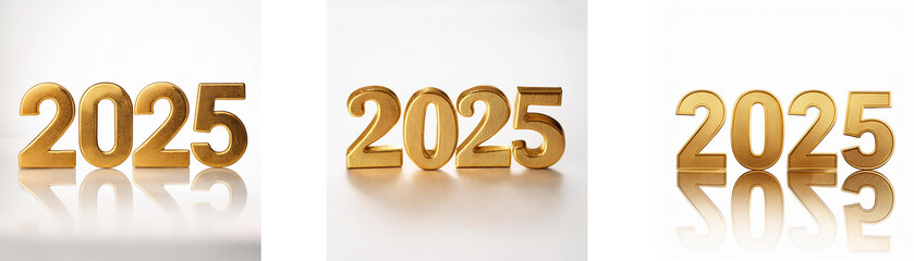 Three images of gold "2025" with a reflection on a white background.