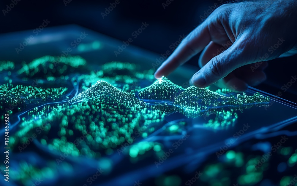 Poster a glowing display of a topographical map, where a hand gently points to illuminated contours against