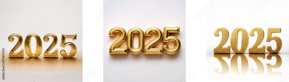 Poster Three images of the year 2025 in gold, one in each image has a subtle difference in perspective and shadow.