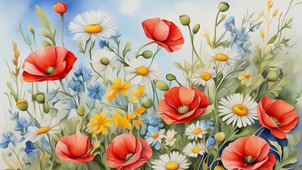 Wild nature: poppies, daisies and other plants. The background is created in the form of an oil painting. Nice texture. Unique and original graphic wallpapers. Created AI.