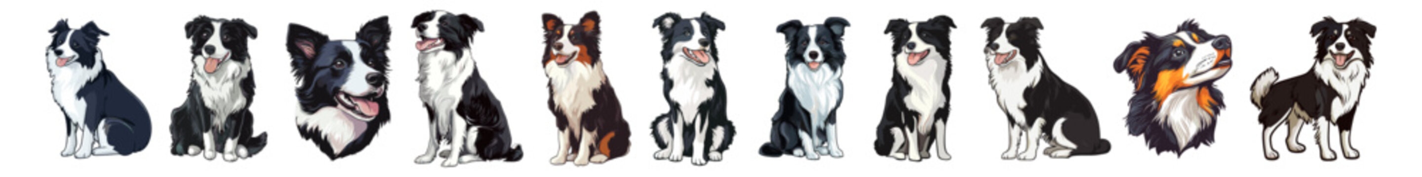 Border Collie pet isolated on white vector illustration. Set of cute Border Collie dog breed. Collection of canine characters with happy faces. Stylized border collie Dog Head Illustration in Vector 