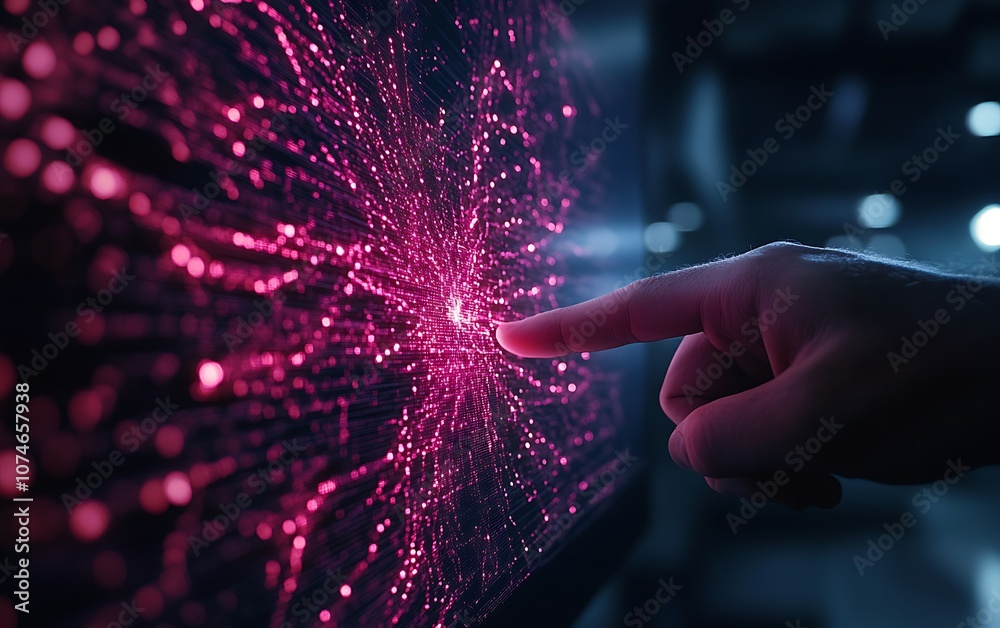 Poster a hand is touching a glowing, pink, radial network of particles on a screen, suggesting interaction 