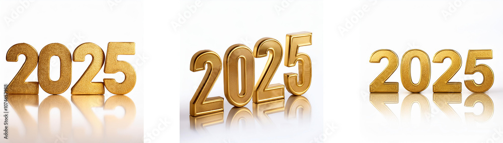 Poster The year 2025 is displayed three times in golden numbers with reflections on a white background.