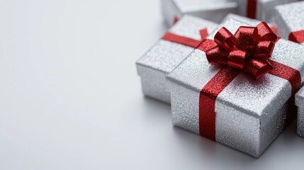 A stunning display of silver gift boxes adorned with vibrant red ribbons creates a festive atmosphere perfect for celebrations and special occasions