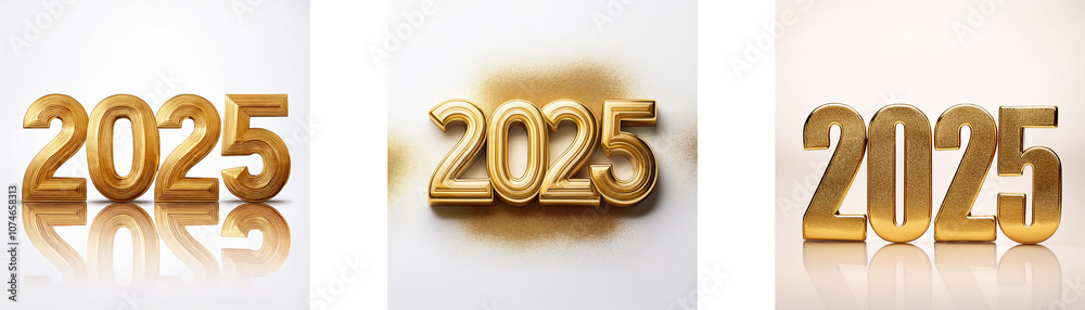 Poster three depictions of the year 2025 in golden numerals with varying backgrounds.