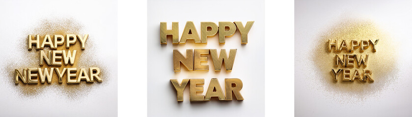 Three images of the phrase "Happy New Year" in gold letters on a white background.  One with a cloud of gold dust surrounding it, one with no dust, and one with a light dusting of gold dust.