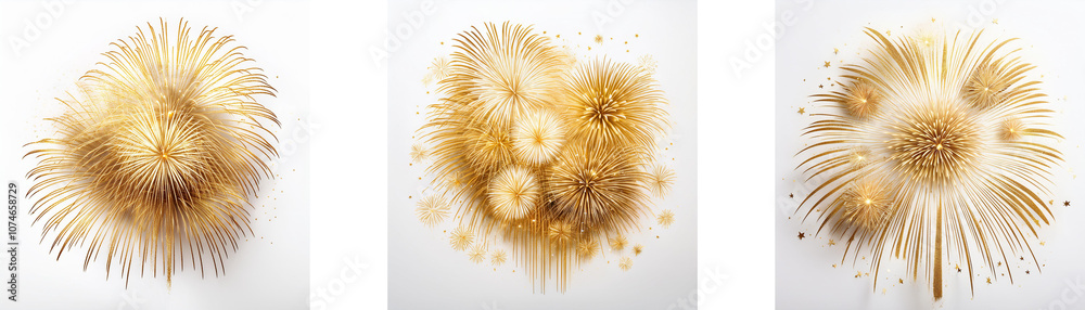 Poster Three golden abstract art pieces with layered circular shapes. The shapes resemble exploding fireworks.
