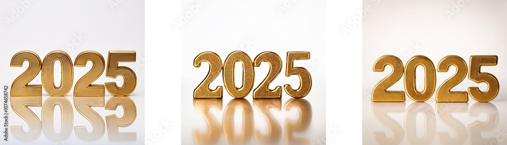 Aufkleber three images of the year 2025 in golden numbers on a white background, each with a slight variation 