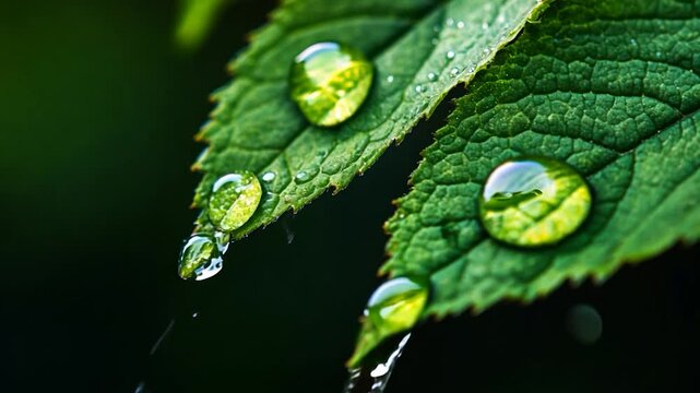 water droplets flowing on green leaf and dark background, macro shot.