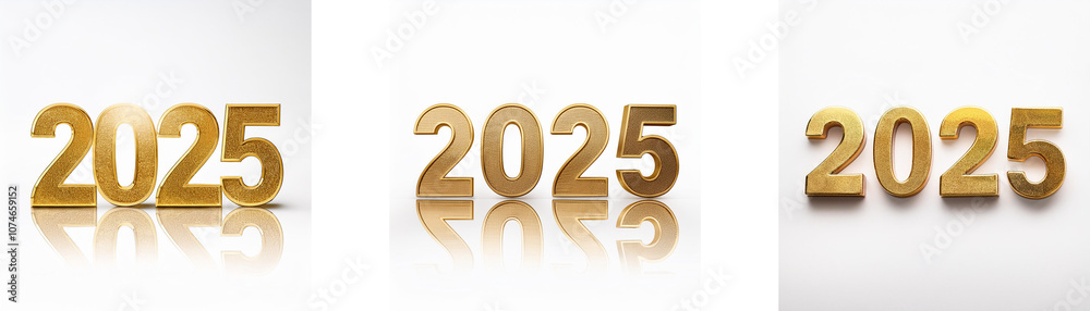 Poster three different styles of the year 2025 in gold, each with reflection on a white background.