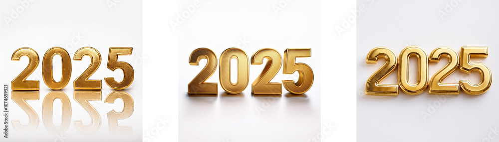 Poster Three images of the year 2025, each with the numbers in a slightly different position.  The numbers are gold and rendered in a 3D style.