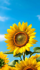 Naklejka premium Sunflower Field Bliss, vibrant sunflowers stretching under a clear blue sky, warm sunlight illuminating a serene summer landscape.