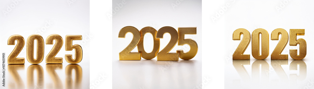 Poster Three different angles of the year 2025 displayed in gold.