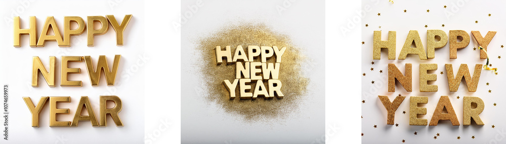 Poster three different arrangements of the phrase happy new year in gold letters on a white background.