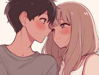 Anime Couple Portrait - Blushing Love Illustration