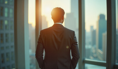 A businessman in a suit looks out the office window at sunrise, symbolizing new beginnings, inspiration, and future goals within a corporate environment.