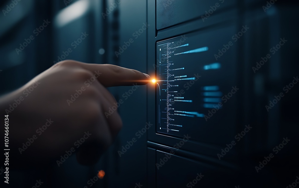Aufkleber a hand reaching towards a digital interface on a server, illuminated by a bright light, symbolizing 