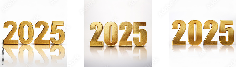 Poster three golden 2025s on white backgrounds, each with a subtle reflection