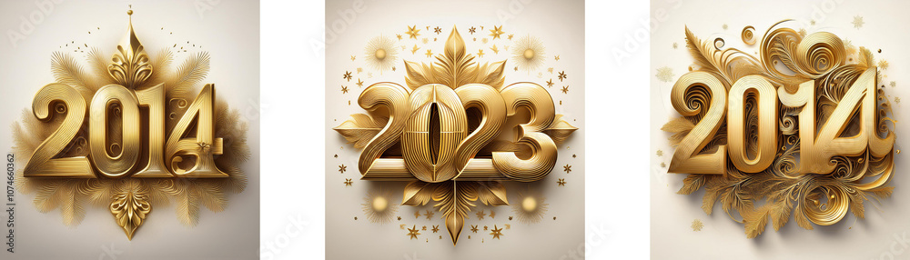 Poster three golden 3d numbers representing the years 2014, 2023 and 2014 surrounded by abstract gold desig