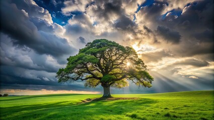Obraz premium A single tree stands tall in a field of green, bathed in the golden rays of the sun as it breaks through the clouds.