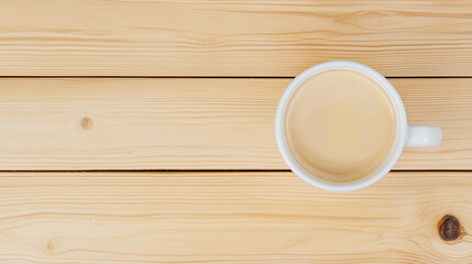 a cup of cappuccino latte coffee on the wooden table with copy space, top view
