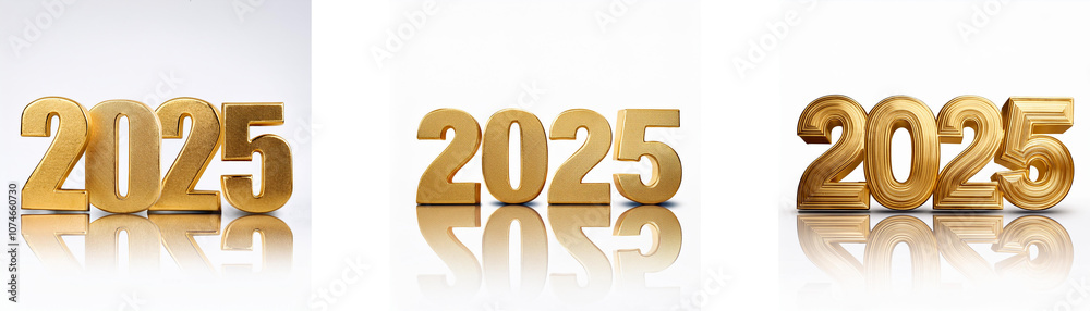 Poster three gold 3d renderings of the year 2025 with a reflection, against a white background.