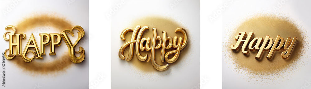 Aufkleber three variations of the word happy in a gold tone against a white background with each word surround
