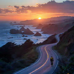 Fototapeta premium Coastal Adventure, a cyclist navigates a picturesque coastal road, vibrant waves crashing nearby, under a clear blue sky, embracing the journey.