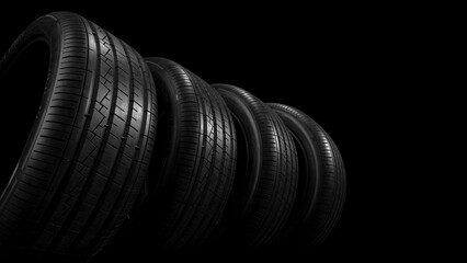 Car tires in row on black background 3d illustration