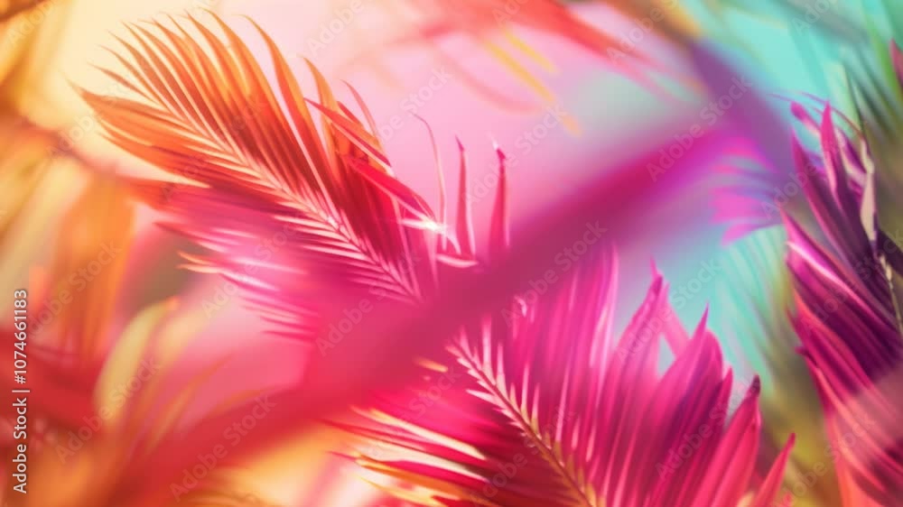 Poster colorful palm leaves are overlapping, creating a vibrant and tropical summer background with a gradi