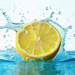 A vibrant image of a lemon half splashing into clear blue water, with droplets and ripples frozen mid-motion, highlighting the citrus's bright yellow and the water's refreshing look.