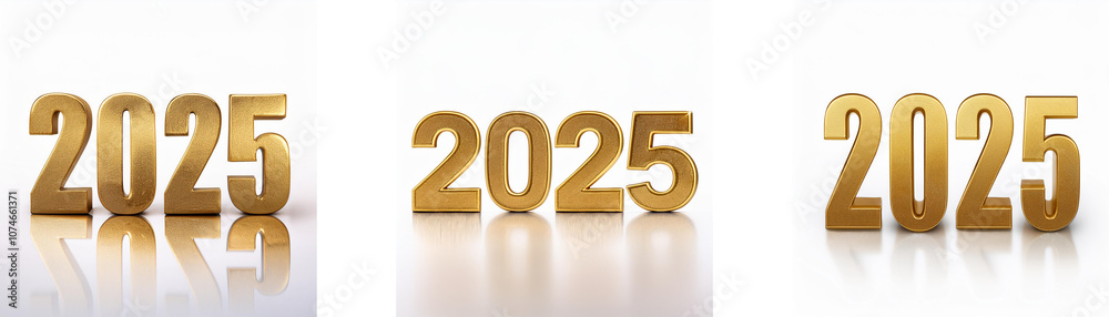 Poster three images of the year 2025, each with a slightly different perspective, rendered in gold against 