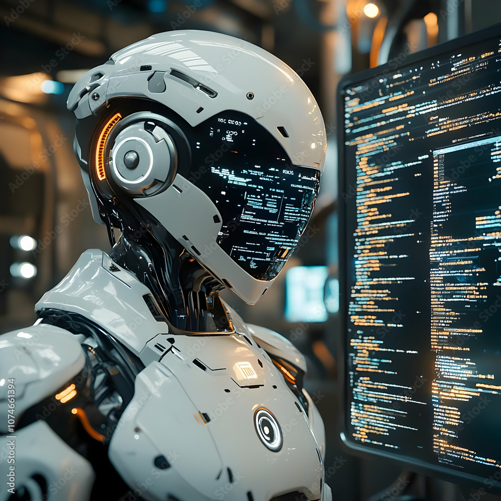 Poster futuristic ai coding assistant, advanced technology interface, vibrant digital display, streamlined 