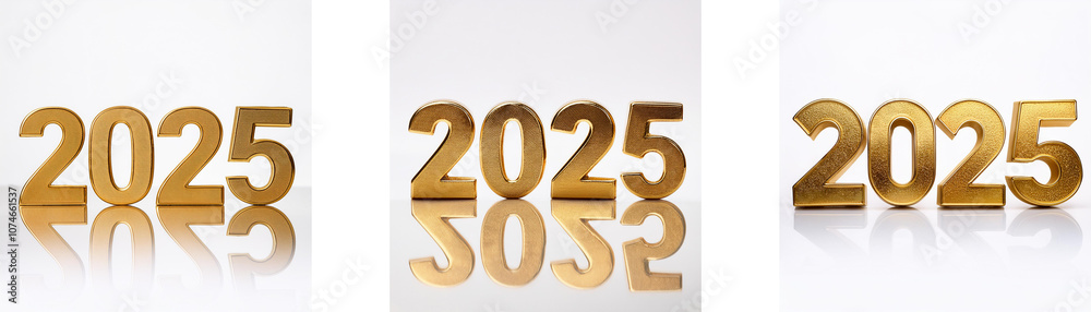 Aufkleber three gold 2025 digits stand in a row with reflections on a white background.
