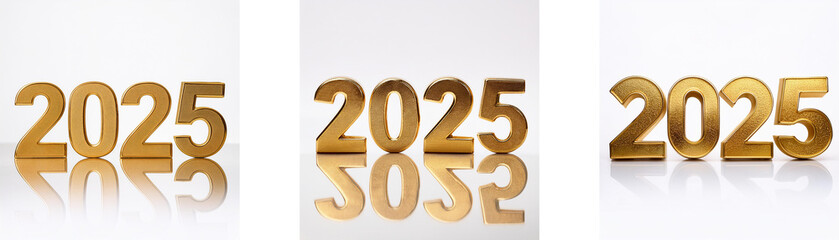 Three gold 2025 digits stand in a row with reflections on a white background.