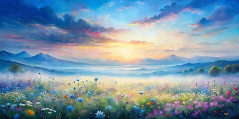 Fototapeta premium A Serene Mountain Landscape with a Field of Flowers in the Soft Light of Dawn