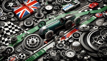 A high-energy theme inspired by British contributions to motorsport, engineering, and auto design. Classic British race cars, wheels, and gear patterns.