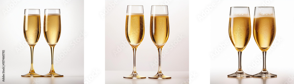 Leinwandbilder three sets of champagne flutes, two per set, are arranged in a row on a white background. the flutes