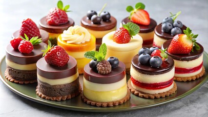 A plate of miniature layered desserts topped with fresh berries and a touch of mint.