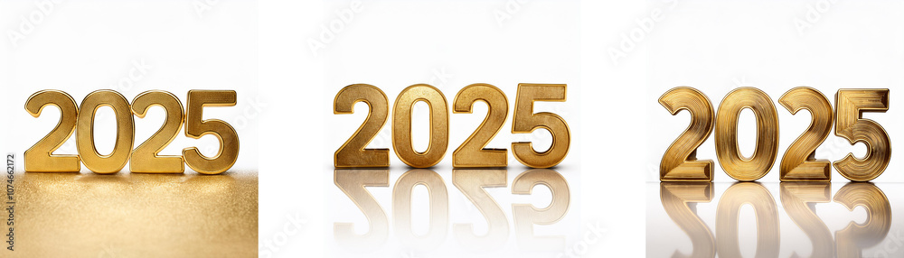 Poster three gold 2025s on a white background with subtle reflections.