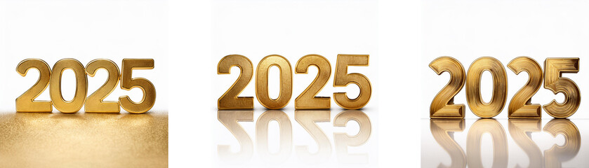Three gold 2025s on a white background with subtle reflections.
