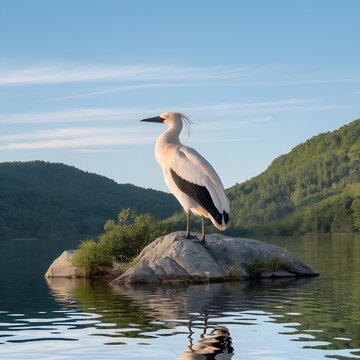 A photo of a large, white bird with black markings on its head and wings, perched on a rocky outcrop amidst a serene lake surrounded by lush green forests. The sky is clear with a few wispy clouds. Th