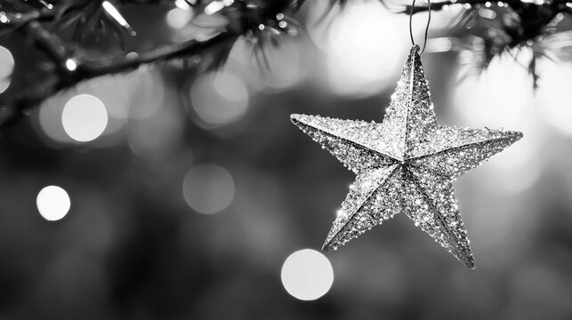 Stella di Natale tridimensionale, glitterata in superficie, appesa ad un ramo. Foto in bianco e nero. Intorno luci pokeh