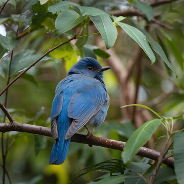 A photo of a close-up shot of a bird with blue feathers perched on a branch. The background is a dense forest with green leaves. The lighting is soft.