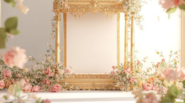 An empty scene featuring blank mockup template with a golden palki sahib (palanquin) adorned with floral decorations, 