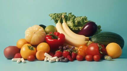 Assortment of Fruits and Vitamins on Blue Background
