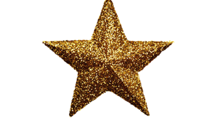 Ornamento di Natale a forma di stella, tridimensionale, glitterata in marrone e oro su uno sfondo bianco trasparente da personalizzare con auguri e marchi