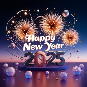 A futuristic, vibrant, and celebratory 3D illustration of a Happy New Year 2025